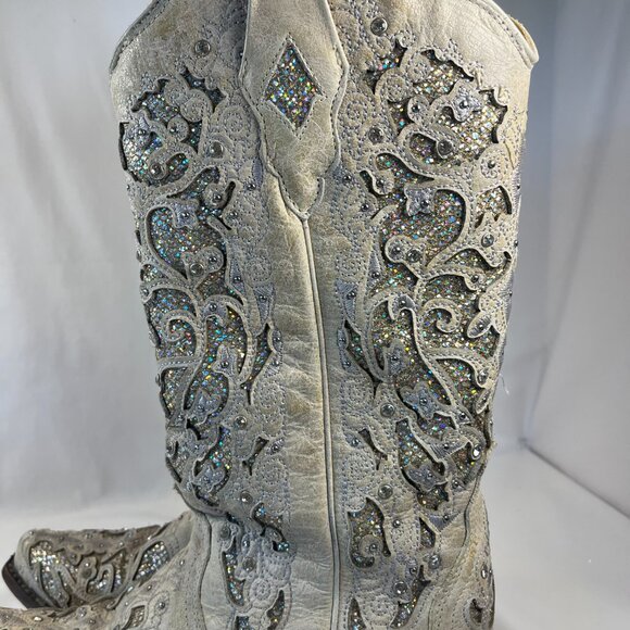 WOMEN'S WHITE GLITTERED INLAY AND CRYSTALS SNIP COWBOY BOOT 9M - Picture 9 of 16